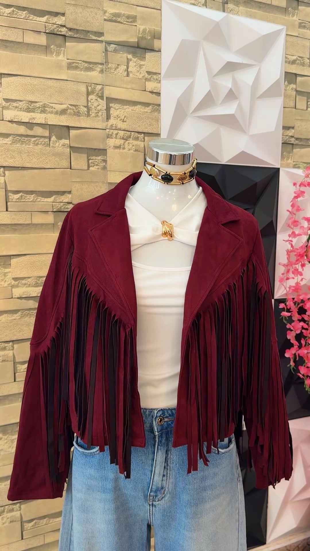 Chaqueta flecos burdeos