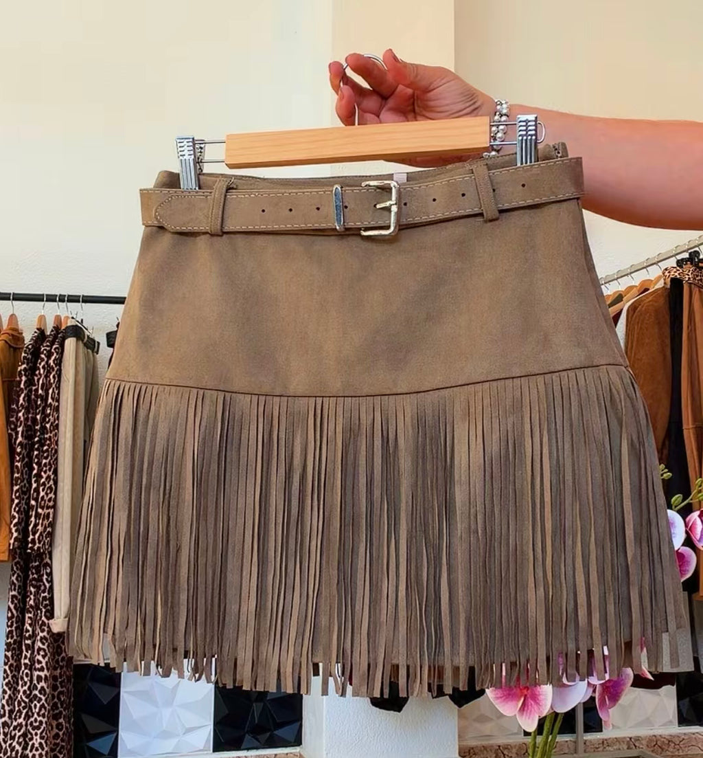 Falda flecos taupe