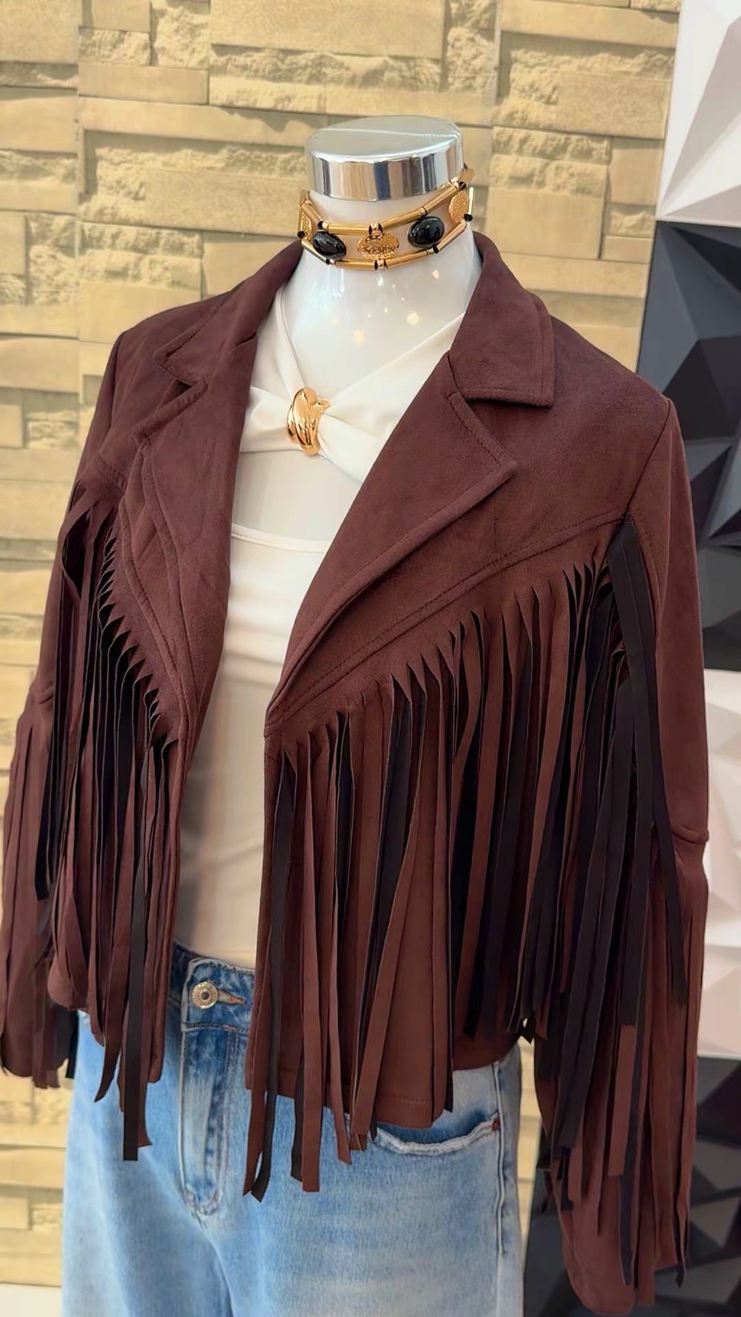 Chaqueta flecos marrón chocolate